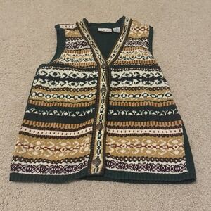 Vintage CHIC Women's Fair Isle Sweater Vest Grandma Green Cream Size Small